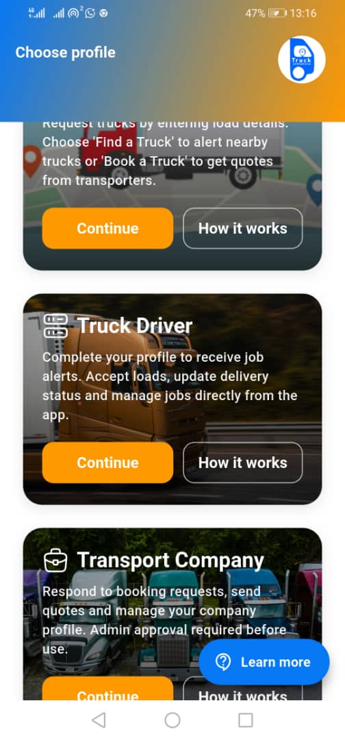 Truck on the Move app screenshot